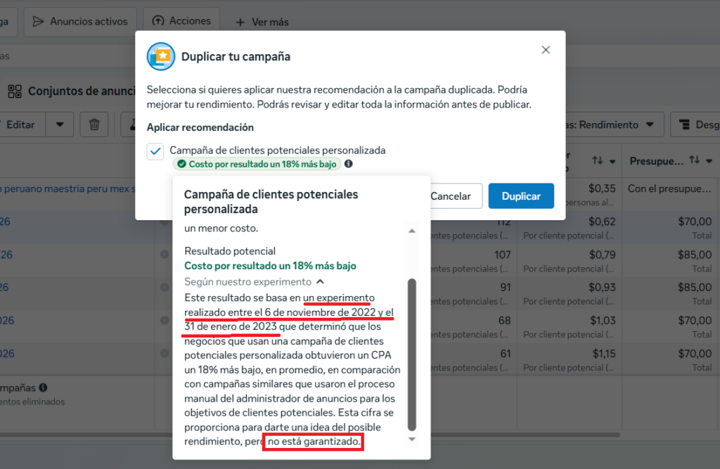 detalles experimento meta ads