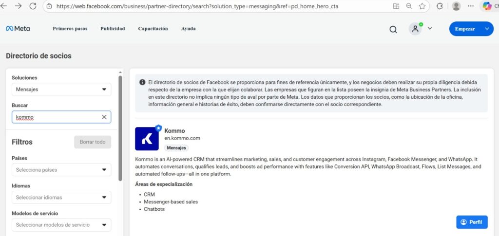 directorio de meta kommo