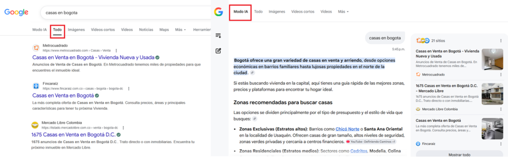 Búsqueda tradicional y modo IA de Google