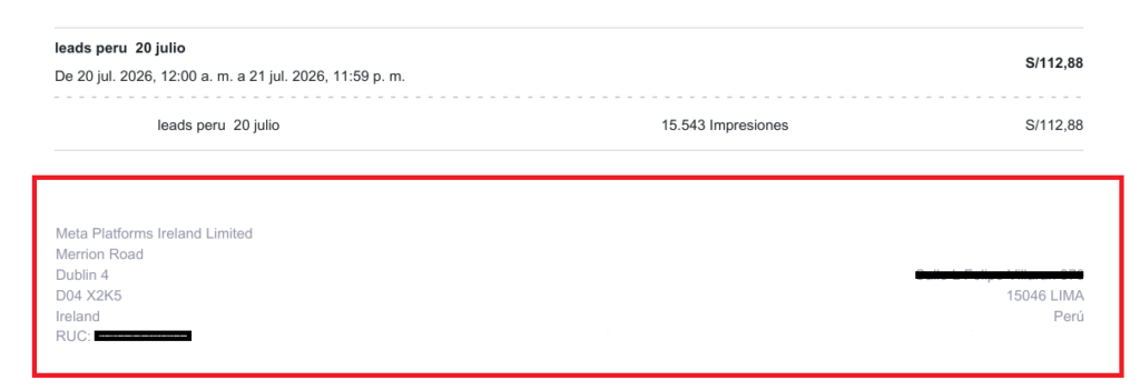 footer de factura de meta ads
