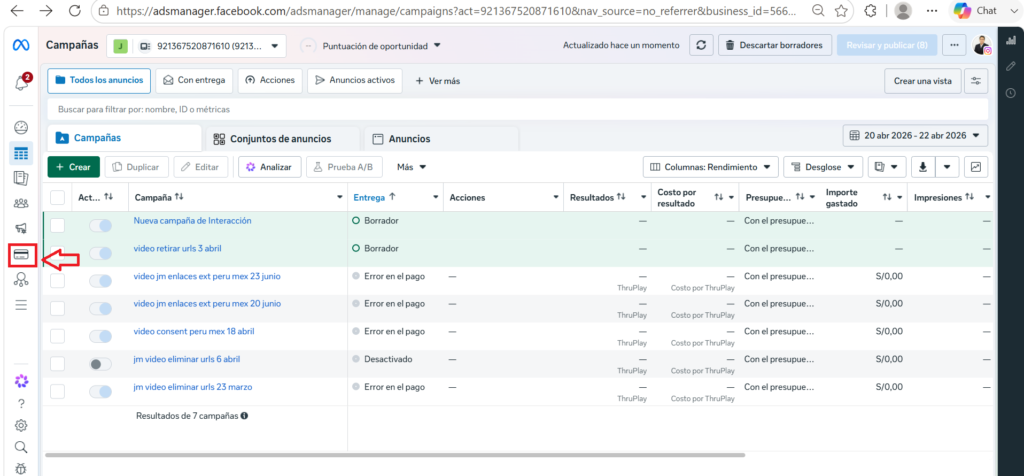 simbolo tarjeta de credito ads manager meta ads
