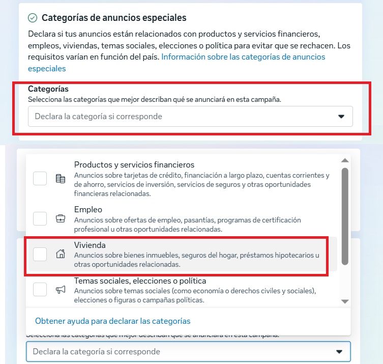 categoria de anuncios especiales meta ads vivienda