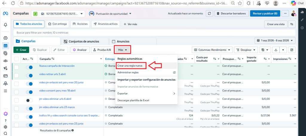 crear nueva regla automatica en meta ads