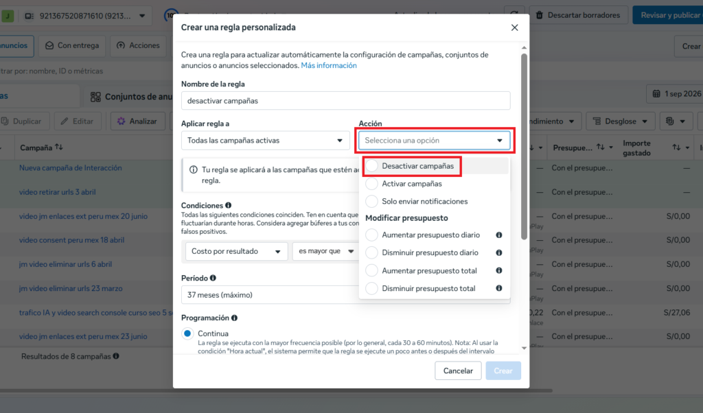 crear una regla personalizada en meta ads
