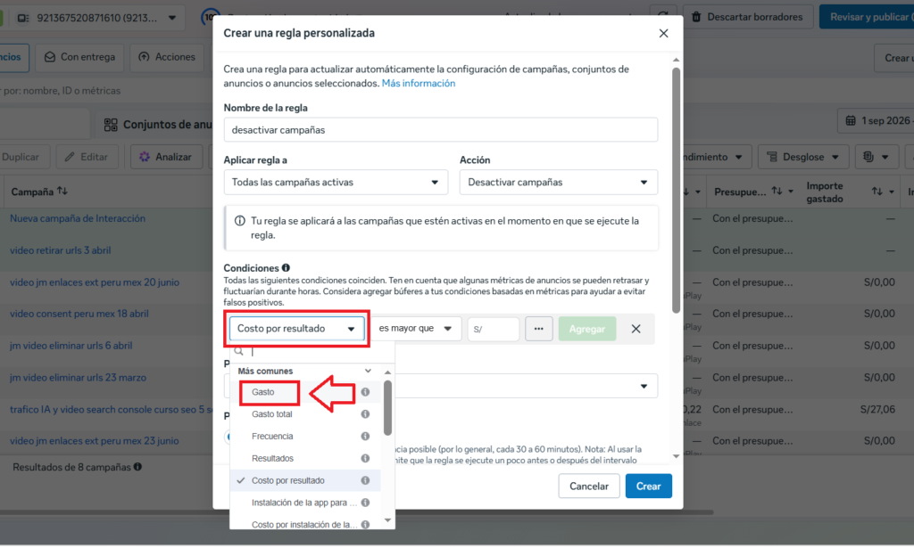 condiciones de regla automatica gasto