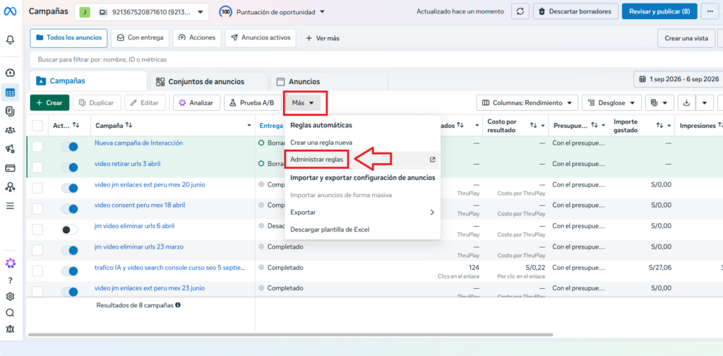 administrar reglas en meta ads