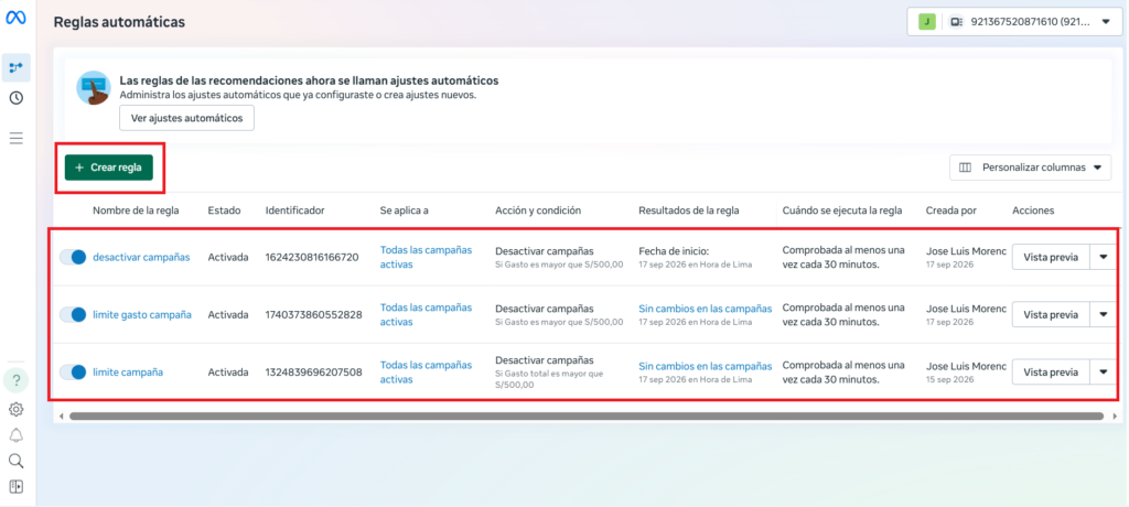 lista de reglas automaticas creadas