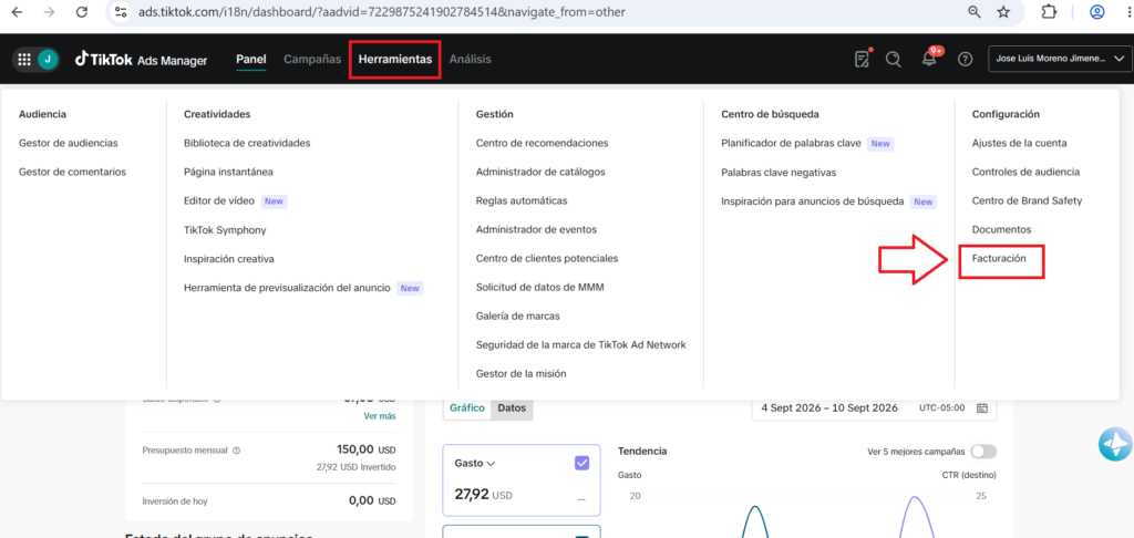 seccion herramientas y seccion facturacion en tiktok ads