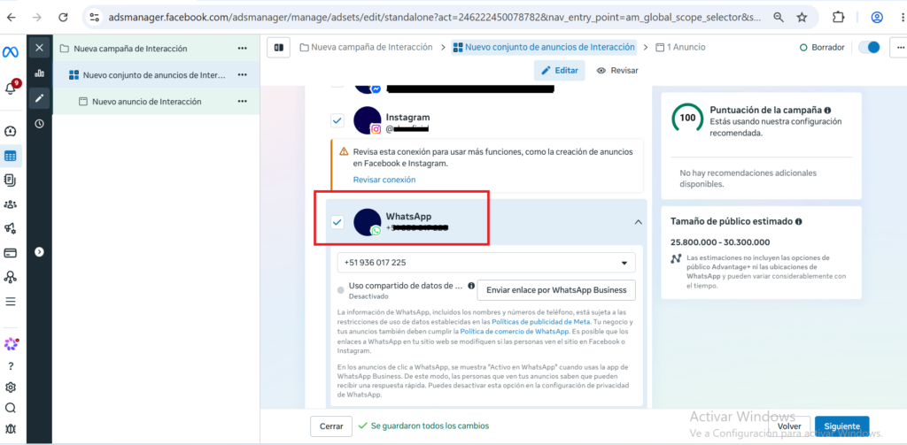 meta ads objetivo mensaje privado de whatsapp